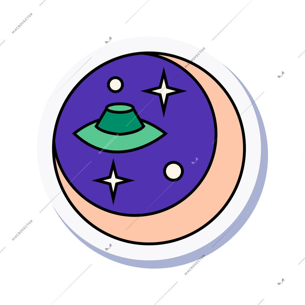 Doodle colorful sticker with crescent stars ufo vector illustration