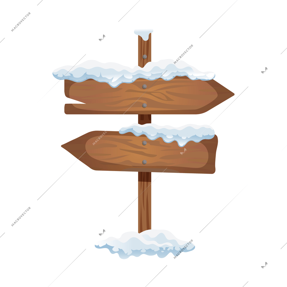 Realistic wooden arrow sign board with snow caps icon vector illustration