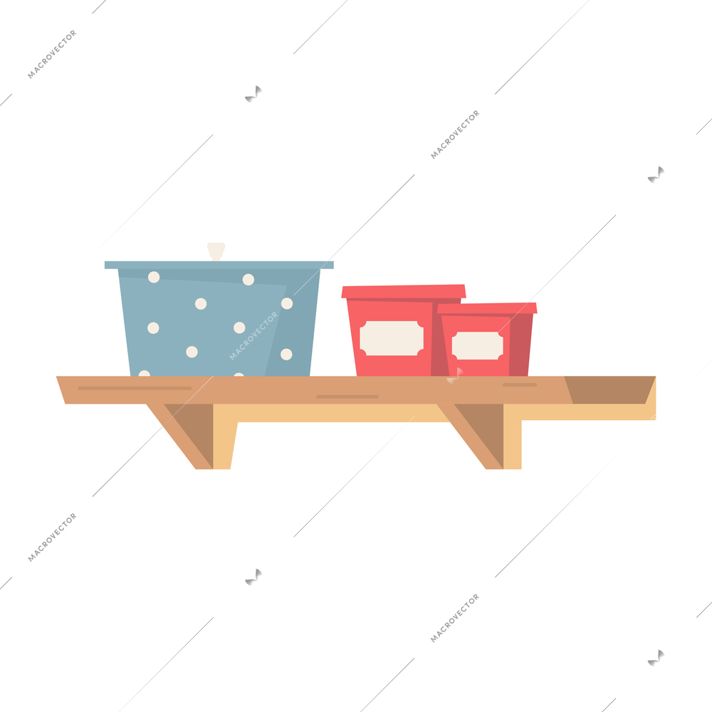 Wooden kitchen shelf with saucepan and boxes for dry products flat vector illustration