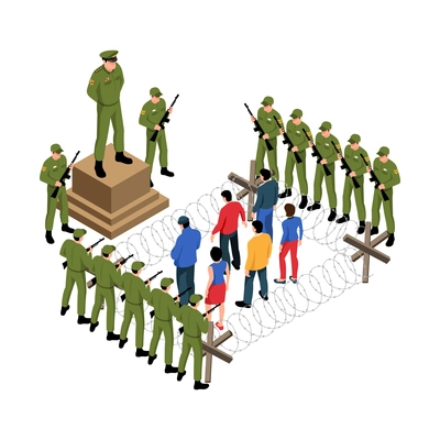 Political system isometric icon with soldiers surrounding dissidents behind barbed wire vector illustration