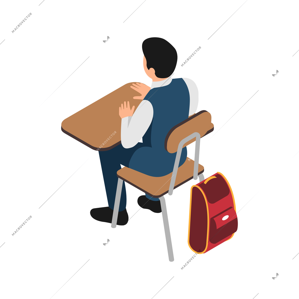 Student sitting at school desk back view isometric icon 3d vector illustration