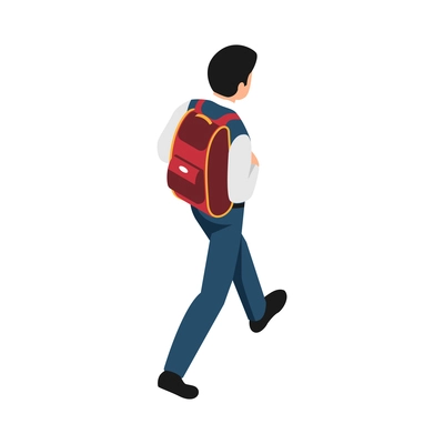 Pupil going to school with bag back view isometric icon vector illustration