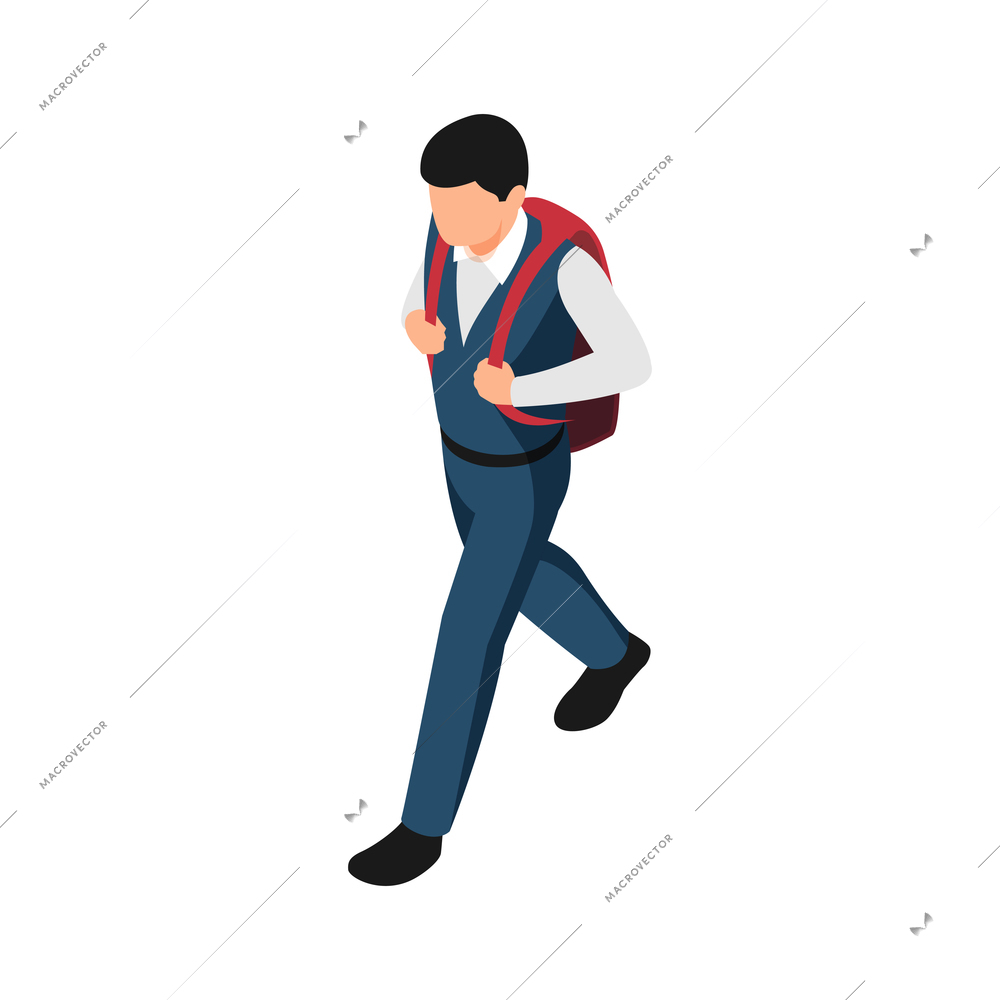 Isometric icon with teen student in uniform going to school 3d vector illustration