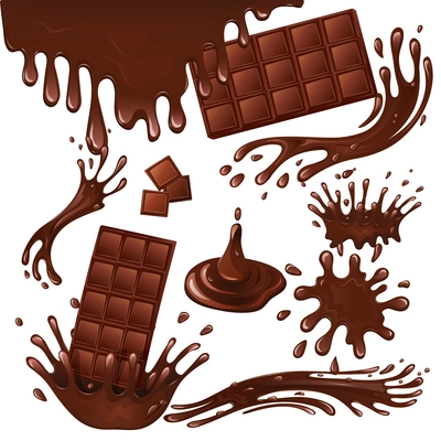 Sweets dessert food milk chocolate bars and splash drips background vector illustration