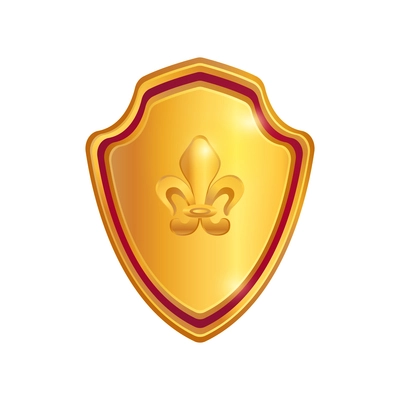 Golden shield with heraldic symbol of fleur de lis realistic icon on white background vector illustration