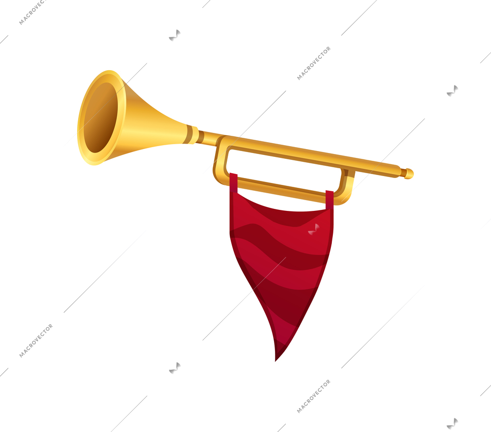 Golden trumpet with red flag on white background realistic icon vector illustration