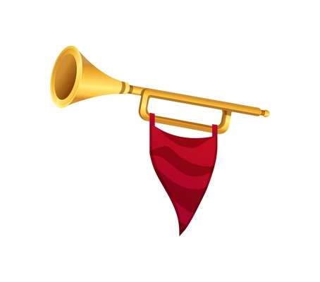 Golden trumpet with red flag on white background realistic icon vector illustration