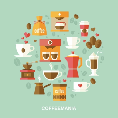 Coffee decorative icons flat set in circle shape vector illustration