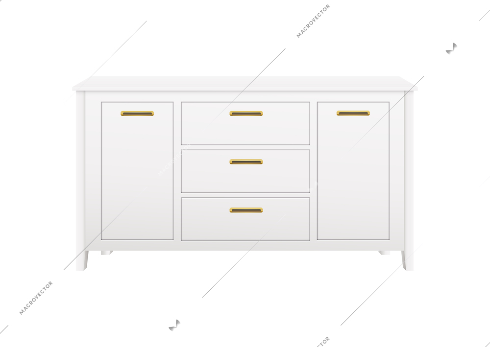 Realistic stylish white dresser with golden handles vector illustration