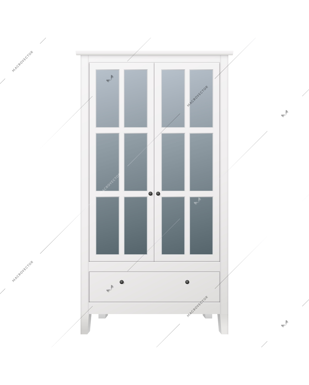 White wooden cabinet with glass doors realistic vector illustration