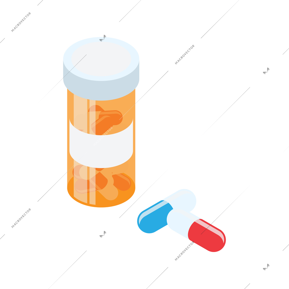 Isometric transparent yellow bottle with capsules on white background vector illustration