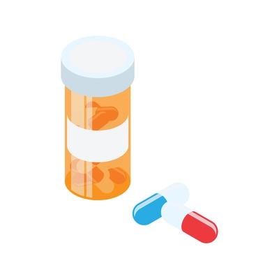 Isometric transparent yellow bottle with capsules on white background vector illustration