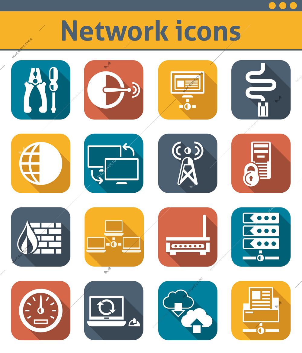 Network data security control panel flat icons set isolated vector illustration