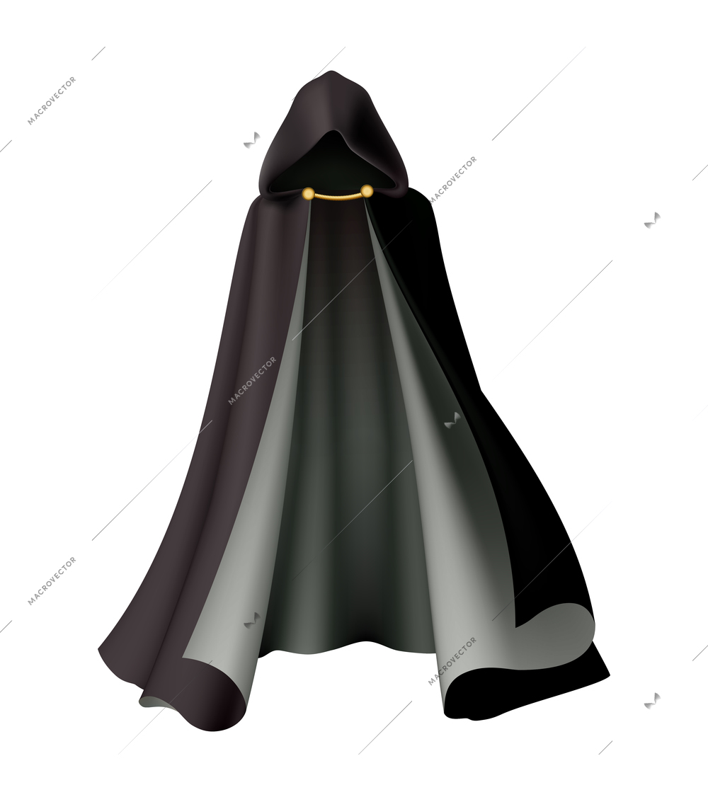 Black hooded cloak with golden detail for halloween costume realistic vector illustration