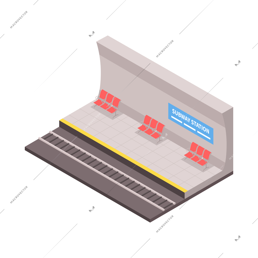 Isometric subway station with red seats and rail track 3d vector illustration