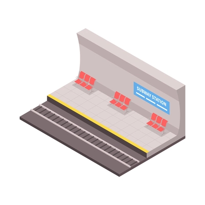 Isometric subway station with red seats and rail track 3d vector illustration