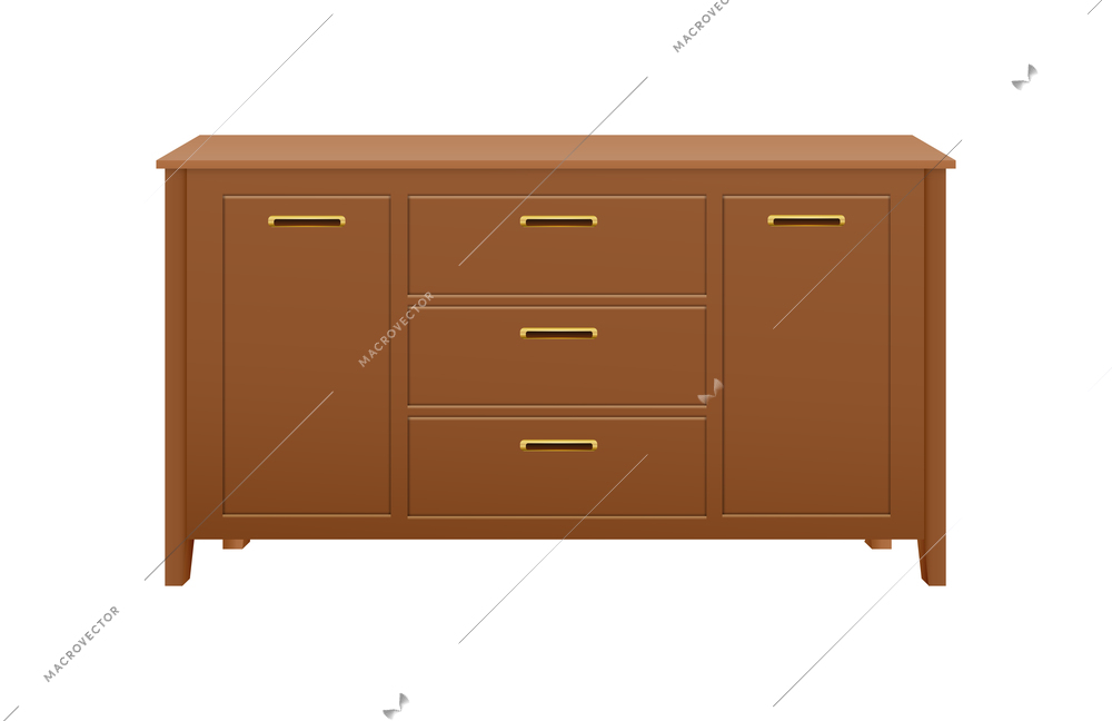 Brown wooden dresser with five drawers for modern interior realistic vector illustration