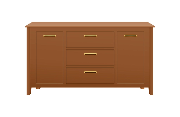 Brown wooden dresser with five drawers for modern interior realistic vector illustration