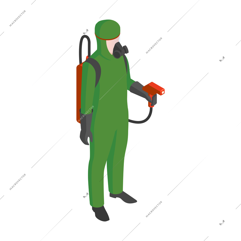 Isometric pest control service specialist with professional equipment vector illustration