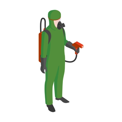 Isometric pest control service specialist with professional equipment vector illustration