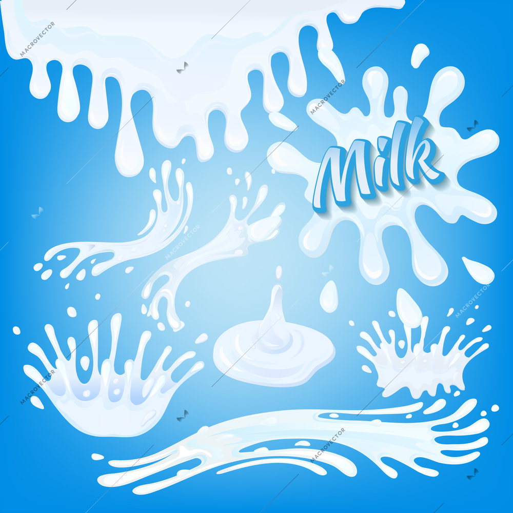 Milk drops flow and splashes decorative elements set isolated on blue background vector illustration