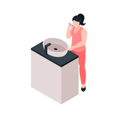 Isometric icon with woman standing in front of sink and cleaning her teeth vector illustration