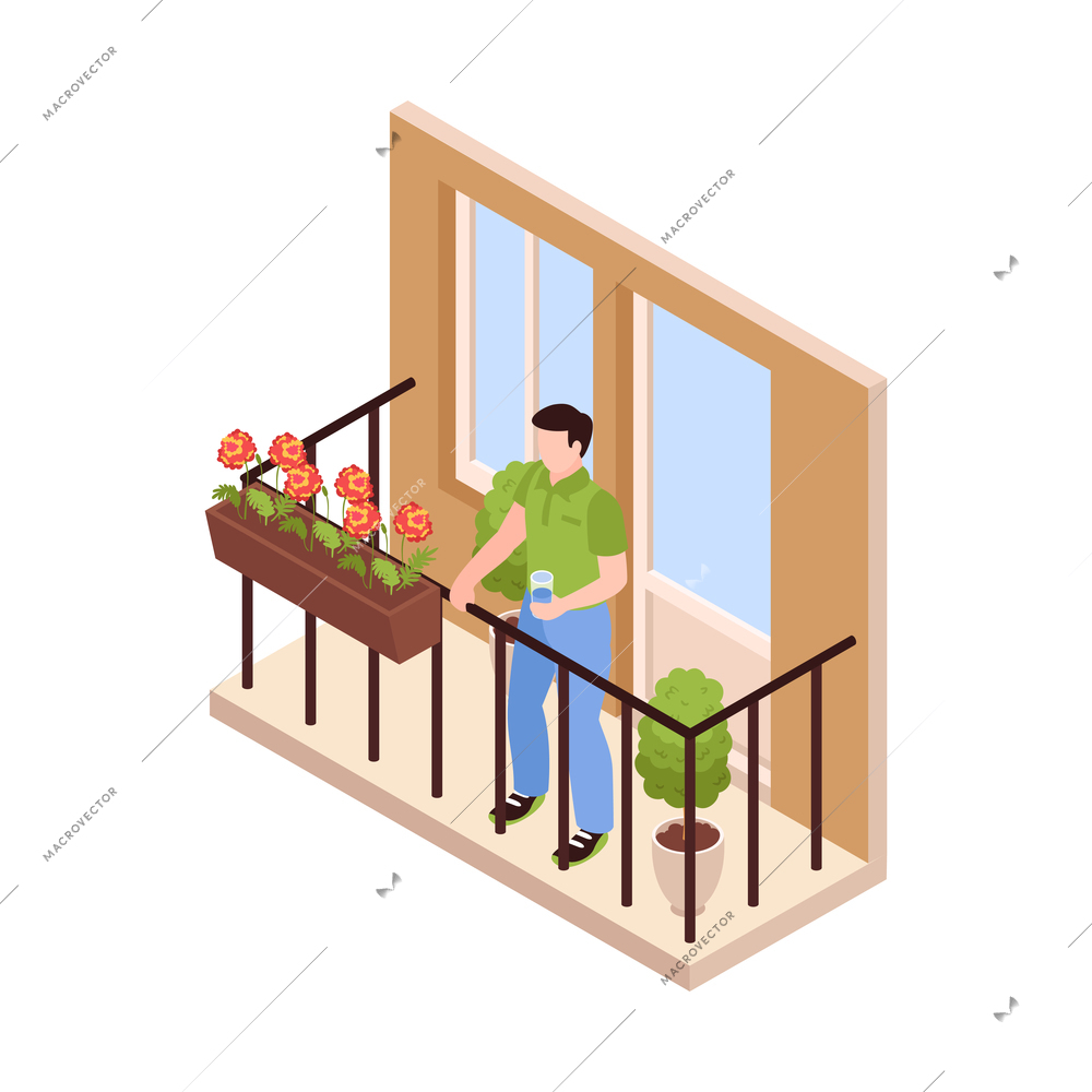 Isometric man standing with glass on water on lovely balcony with flowers vector illustration