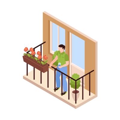 Isometric man standing with glass on water on lovely balcony with flowers vector illustration