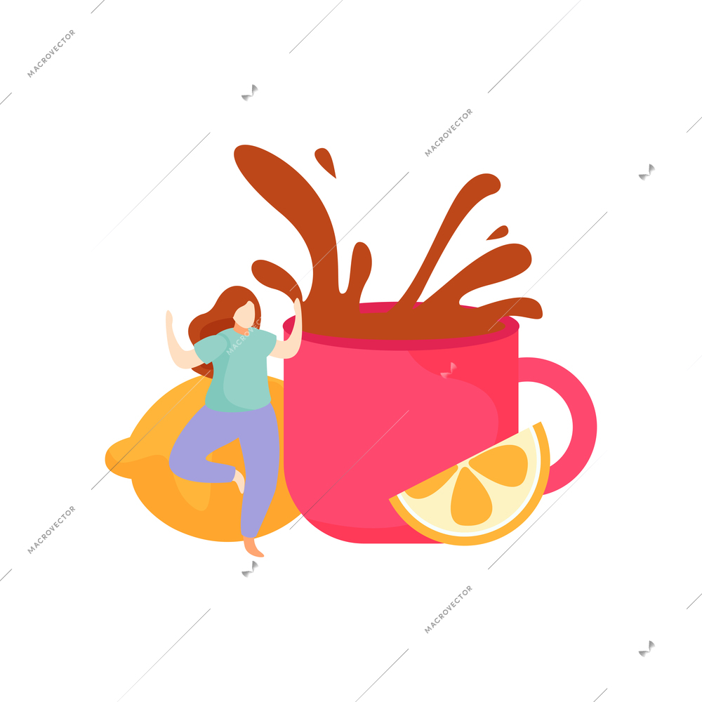 Flat icon with splashes of black tea in cup lemon and happy woman vector illustration