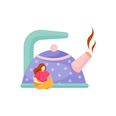 Tea time icon with polka dotted teapot and tiny woman on white background vector illustration