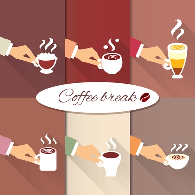 Coffee break. Business hands offering hot aroma drinks of espresso cappuccino and macchiato icons set vector illustration