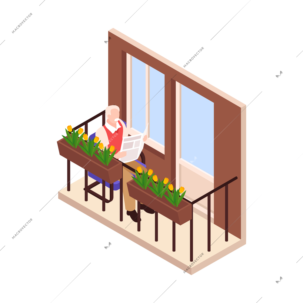 Elderly man reading newspaper on cozy balcony with flowers isometric vector illustration