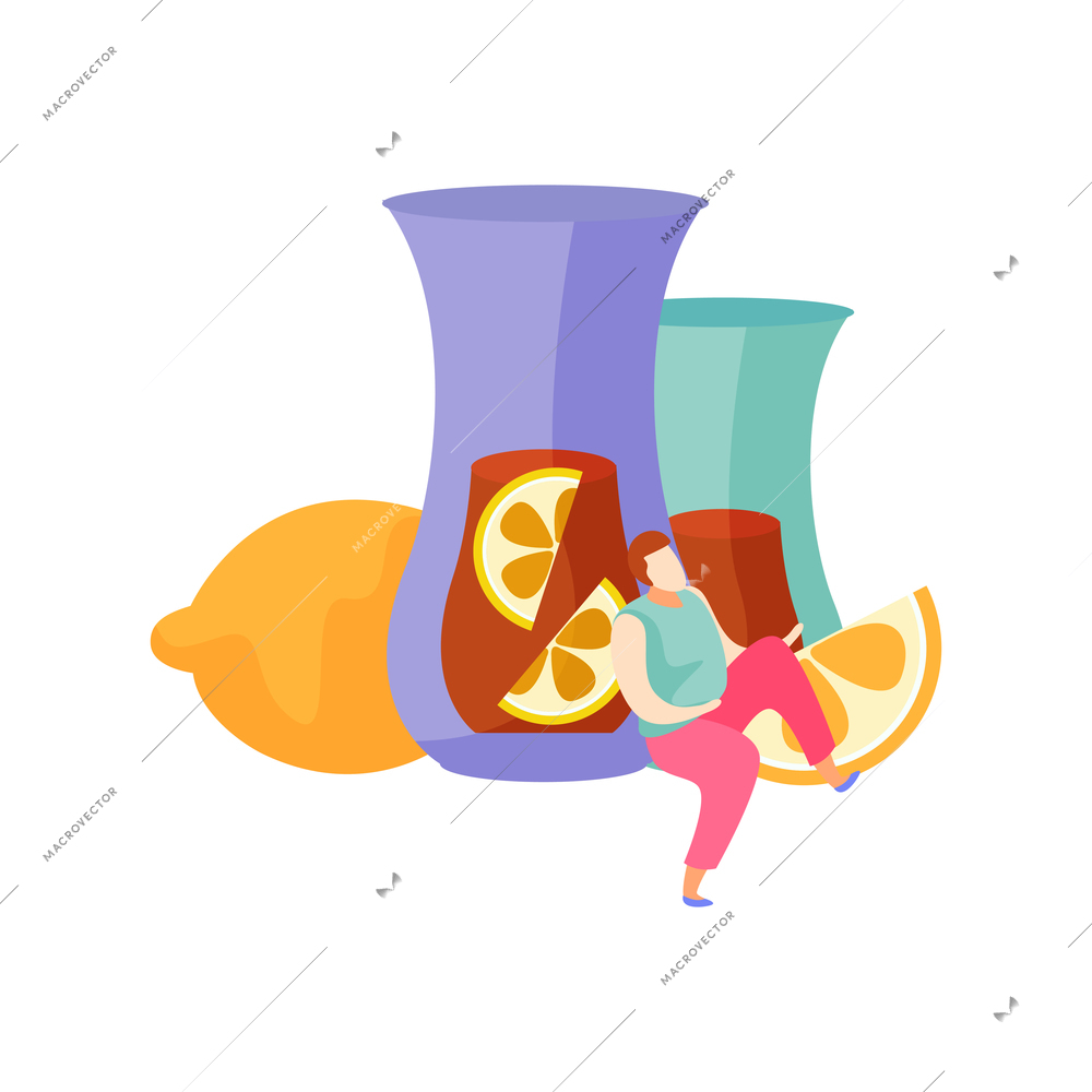 Flat icon with two glass cups of lemon tea and human character vector illustration