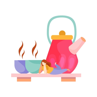 Tea ceremony flat icon with colored teapot two cups and tiny woman vector illustration