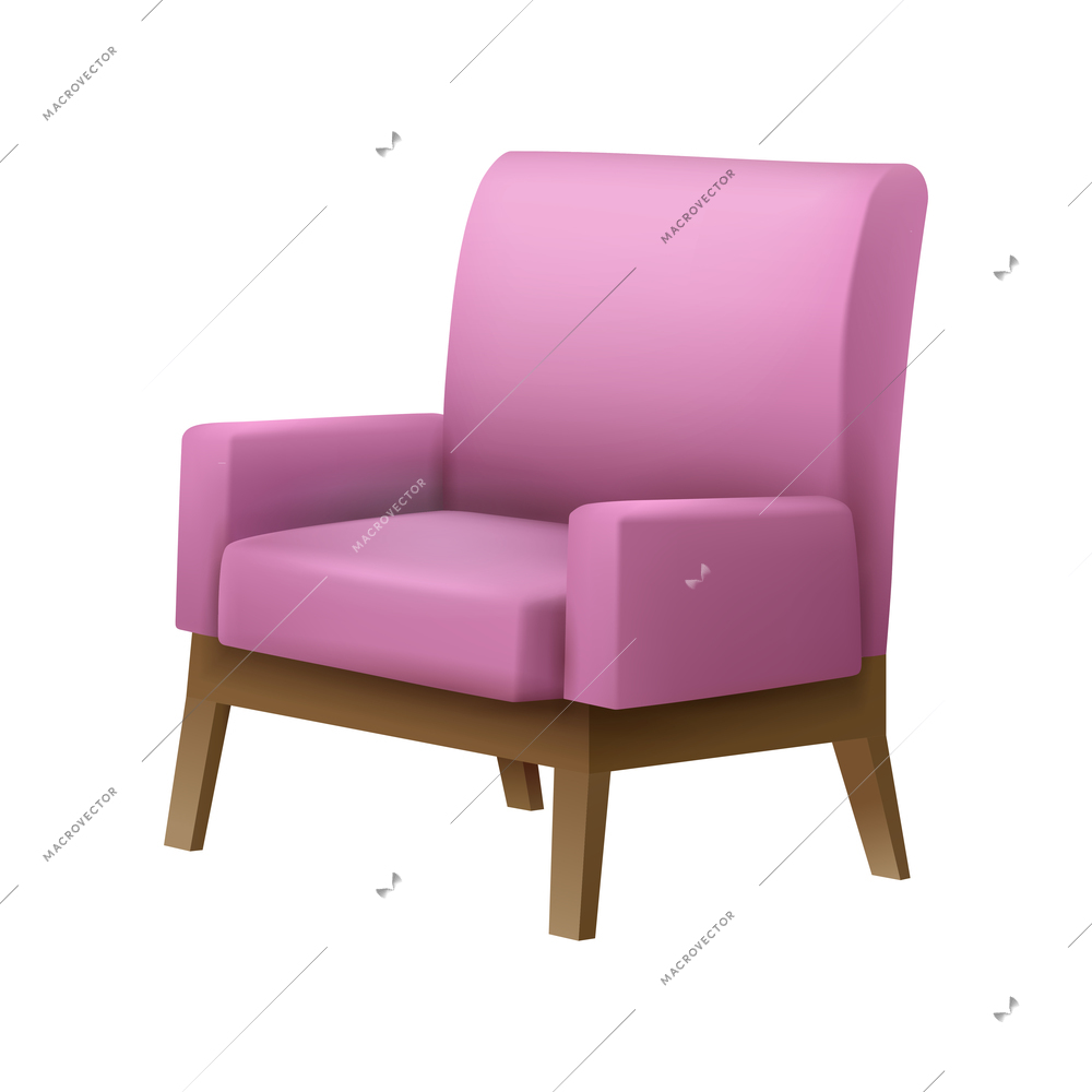 Realistic soft pink armchair with wooden legs on white background vector illustration