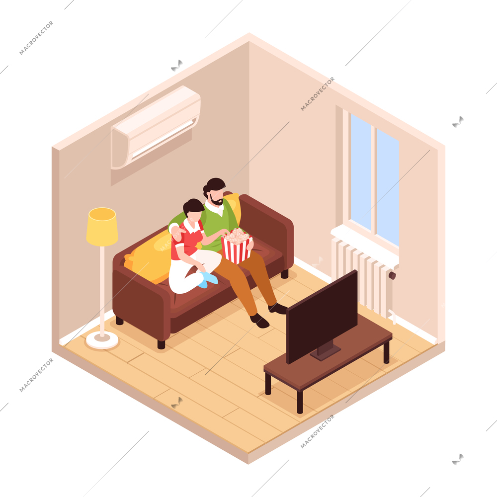 Isometric living room interior icon with couple eating popcorn while watching tv on sofa 3d vector illustration