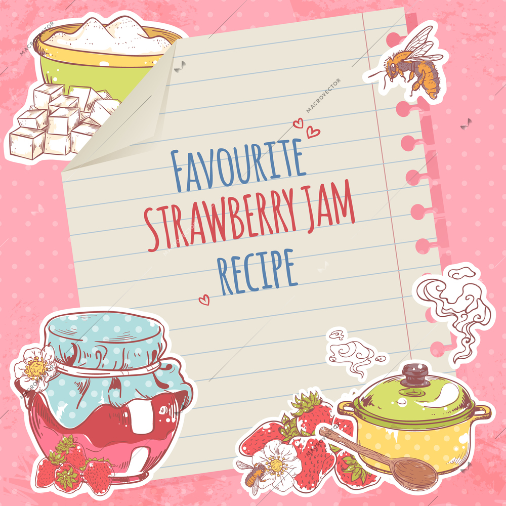 Sweet and healthy homemade strawberry jam recipe on lined paper poster vector illustration