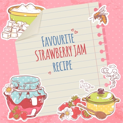 Sweet and healthy homemade strawberry jam recipe on lined paper poster vector illustration