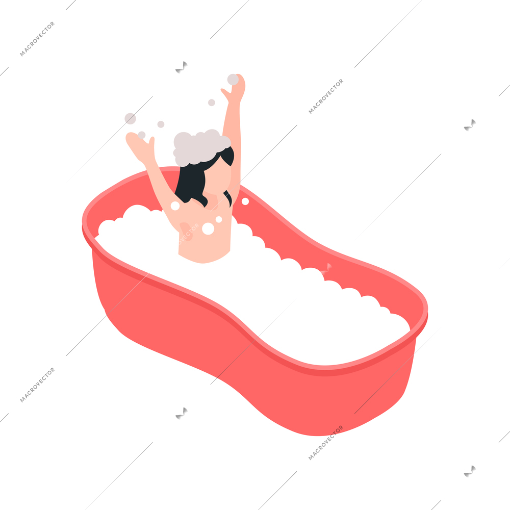 Isometric icon with happy girl taking bath with foam vector illustration