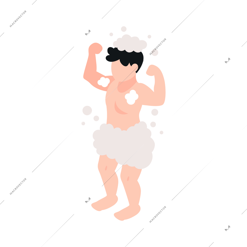 Isometric character of funny boy in soap foam 3d vector illustration