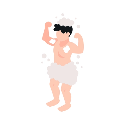 Isometric character of funny boy in soap foam 3d vector illustration