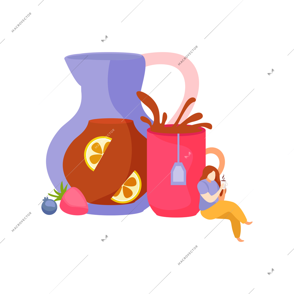 Flat icon with jug of lemon tea cup berries and tiny woman vector illustration