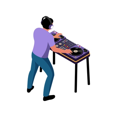 Isometric dj in headphones playing music on turntable 3d vector illustration