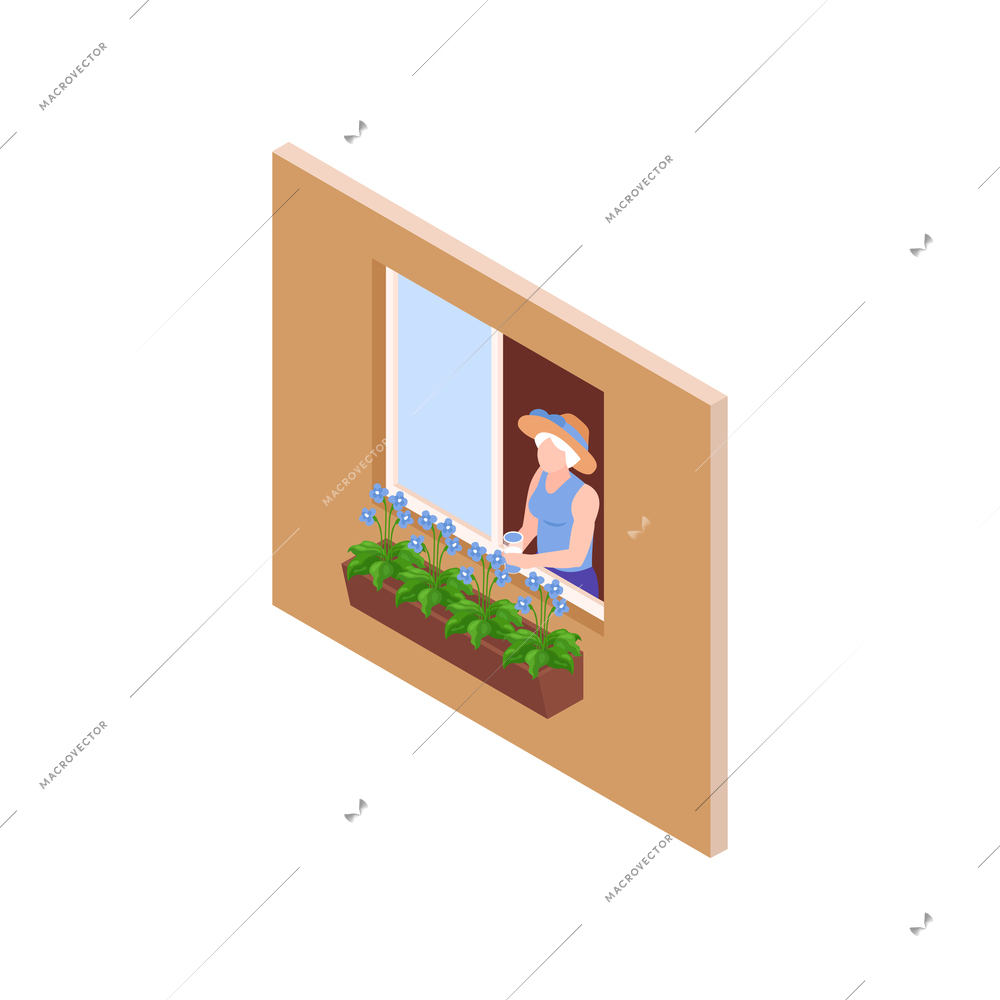 Neighbor isometric icon with elderly woman holding glass of water and looking out of window vector illustration