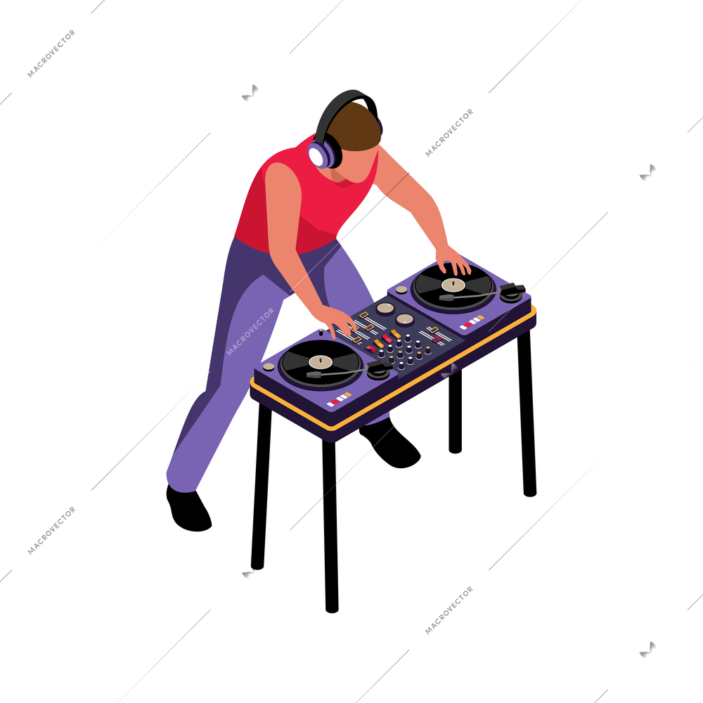 Isometric icon with dj playing music on professional controller vector illustration