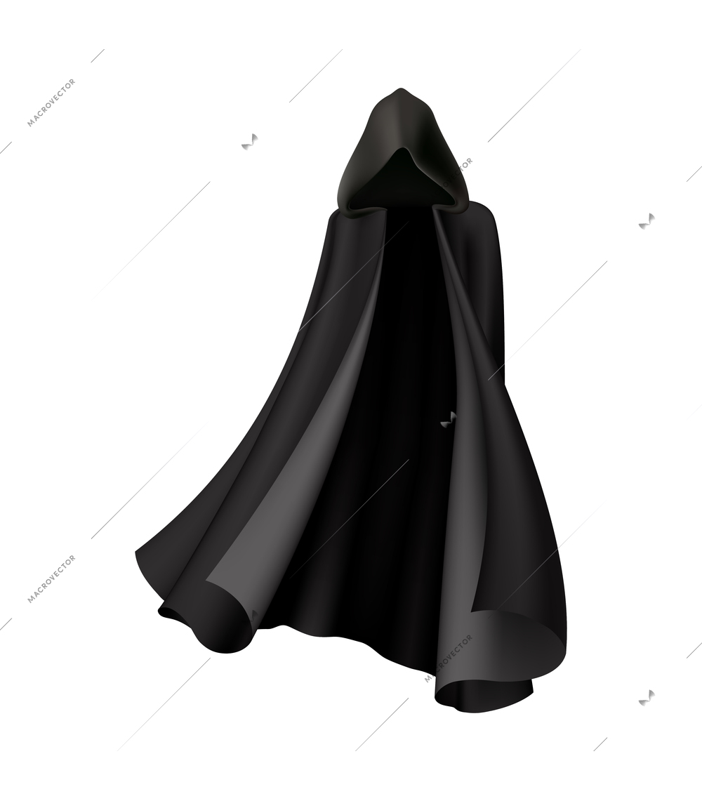 Black hooded cape for halloween costume on white background realistic vector illustration