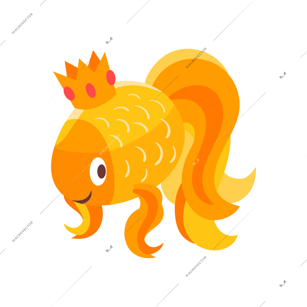 Isometric icon of fairy gold fish in crown on white background vector illustration