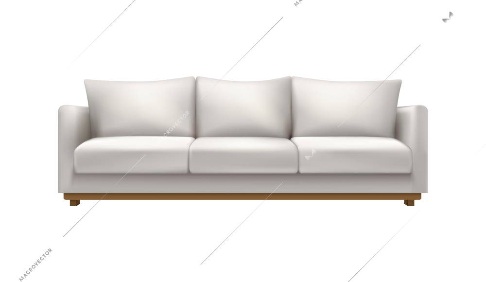 Realistic soft modern sofa in white color with cushions vector illustration