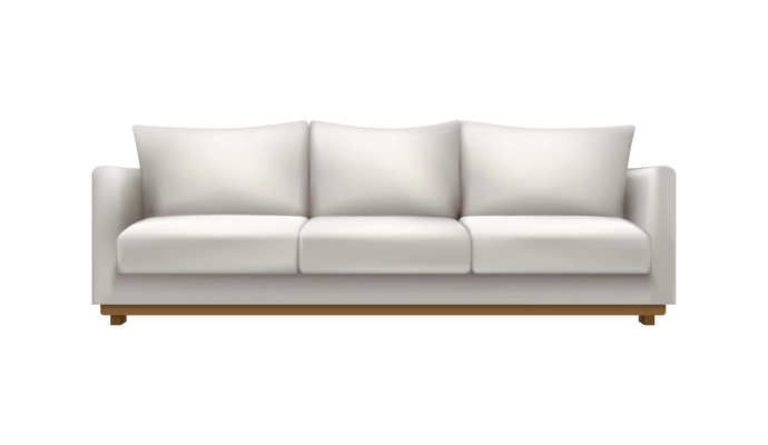 Realistic soft modern sofa in white color with cushions vector illustration