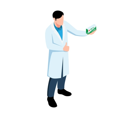 Isometric icon with male pharmacist showing package of good drugs vector illustration